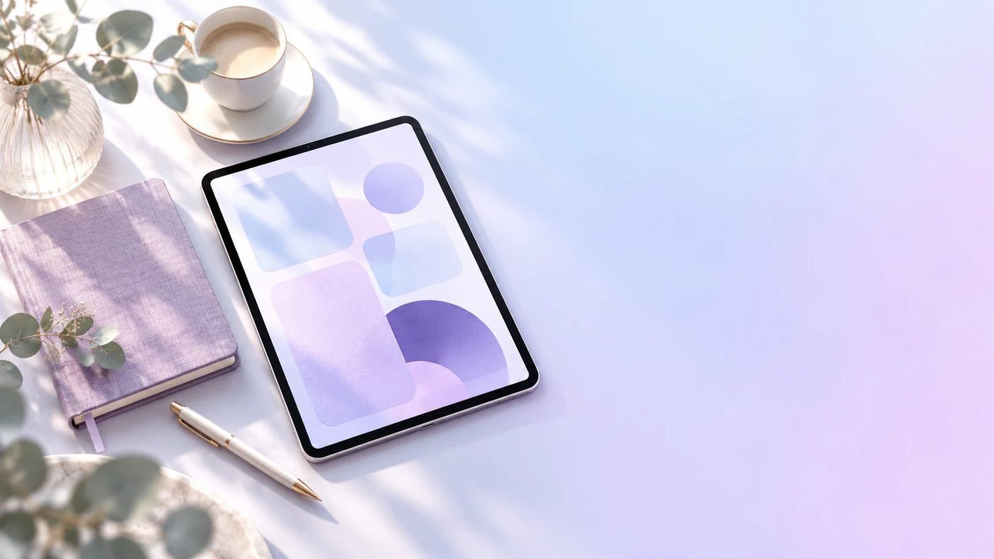 Bureau élégant avec carnet lavande et tablette, dans des tons bleu et violet pastel